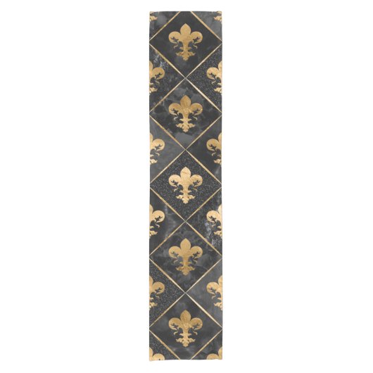 Chemin De Table Court Fleur de lis motif Marbre noir et or (Devant)