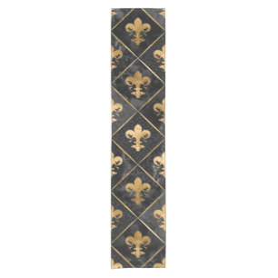 Chemin De Table Court Fleur de lis motif Marbre noir et or