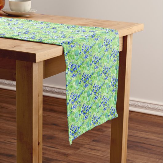 Chemin De Table Court Fleurs Bleues Et Grass Motif D'Art Naturel (In Situ)