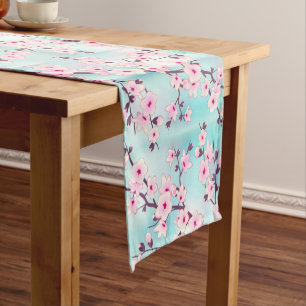 Chemin De Table Court Fleurs de cerisier rose turquoise