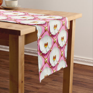Chemin De Table Court Fleurs d'orchidée blanches sur fond rose avec or
