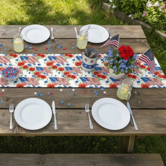 Chemin De Table Court Fleurs et drapeaux américains