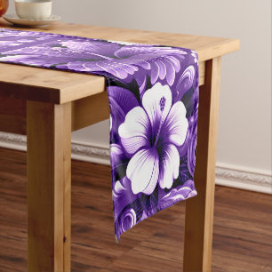 Chemin De Table Court Fleurs hawaïennes tropicales Hibiscus Motif violet