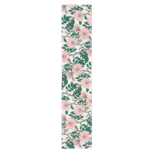 Chemin De Table Court Fleurs Roses roses et Motif Feuille vert (Devant)