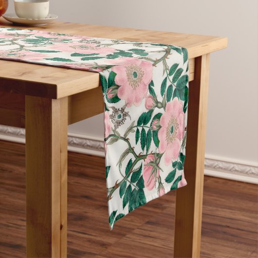 Chemin De Table Court Fleurs Roses roses et Motif Feuille vert (In Situ)