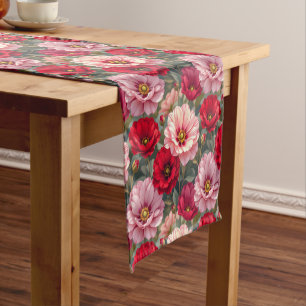 Chemin De Table Court Fleurs roses, rouges et mauves 