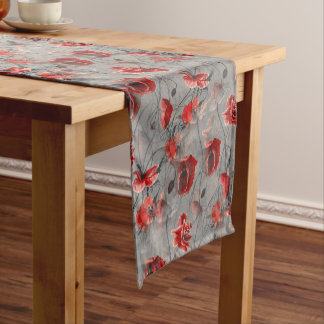 Chemin De Table Court Fleurs rouges sur Gris foncé, Pépites rouges à pap