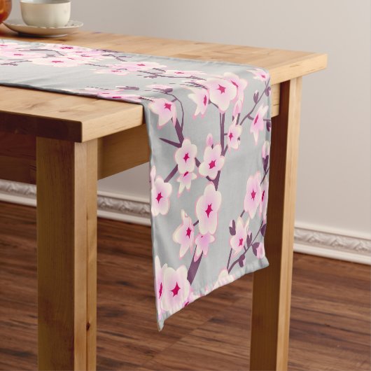 Chemin De Table Court Floral Cherry Blossom Pink Gray (In Situ)