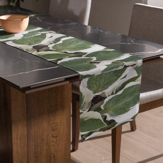 Chemin De Table Court Floral Feuille Hosta vert et blanc