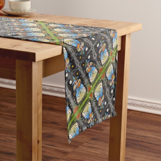 CHEMIN DE TABLE COURT FOLK ART WITTER EN BOIS ÉFFRAYANTS, CHAT NOIR & OW (In Situ)