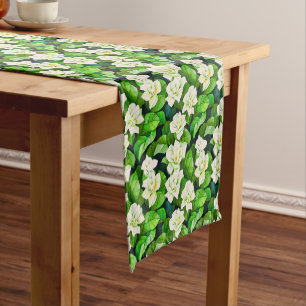 Chemin De Table Court Gardenias blanches et Feuilles verts de Jade