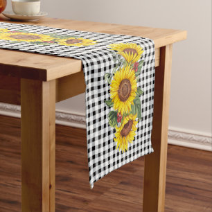 Chemin De Table Court Gingham Noir et Tournesols Baby Shower ou Mariage
