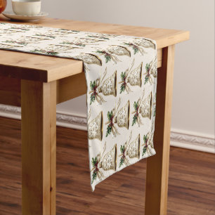 Chemin De Table Court Golden Christmas Bell Shiny Stars Green Feuilles