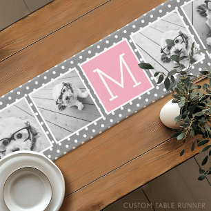 Chemin De Table Court Gris et Rose 5 Collage de Photos avec Monogramme