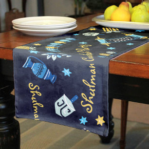 Chemin De Table Court Hanoukka Festive Personnalisé Menorah Dreidel