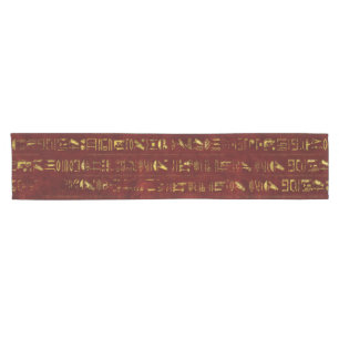 Chemin De Table Court Hiéroglyphes égyptiens d'or sur le cuir rouge