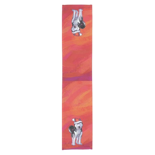 Chemin De Table Court Husky à Santa Hat Sur Rouge (Devant)