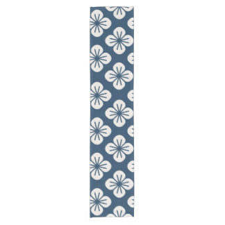 Chemin De Table Court Japanese Navy Blue Ivory Floral Geometric Pattern