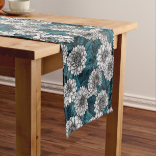 Chemin De Table Court Jardin blanc Dahlia / feuilles bleus 2