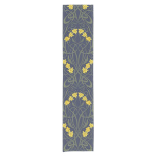 Chemin De Table Court Jaune Art Nouveau Jonquilles et Tiges Bleues