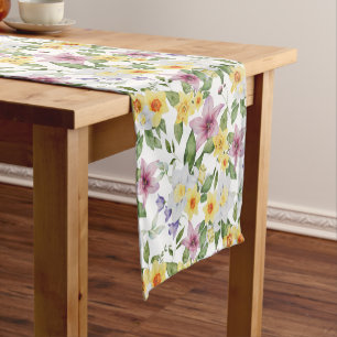 Chemin De Table Court Jaune Violet Blanc Vert Floral Élégant Chic