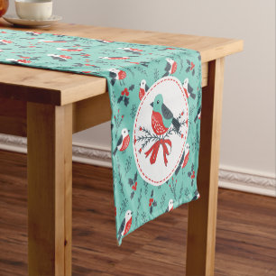 Chemin De Table Court Joli Noël Oiseaux et Motif de feuillage d'hiver