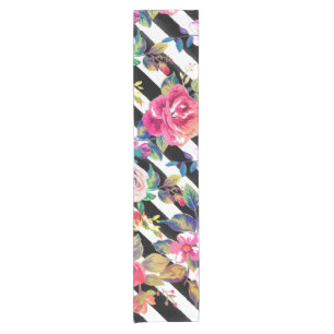 Chemin De Table Court Joli ressort fleuri et rayures motif