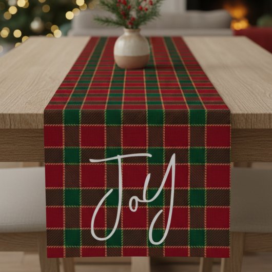 Chemin De Table Court Joy Christmas Holiday Red & Green Tartan Pattern
