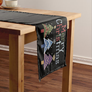 Chemin De Table Court Joyeux Noël Croix Arbre de Noël Rétro