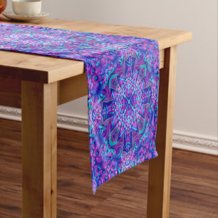 Chemin De Table Court Kaléidoscope vintage pourpre et bleu de fractale