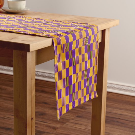 Chemin De Table Court Kente Cloth Purple Gold 14" X 72" Table Runner (In Situ)