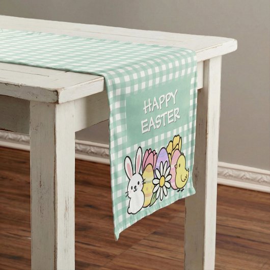 Chemin De Table Court Lapin de Pâques Poulet Œufs Gingham Vert