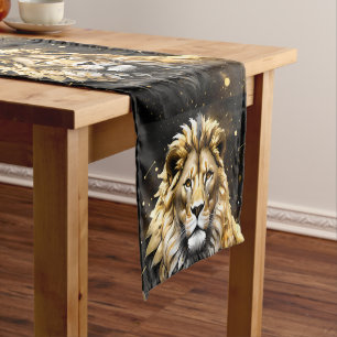 Chemin De Table Court Le Roi : L'Or Majestic Et Le Lion Mâle Gris,