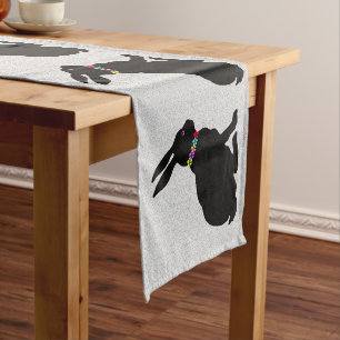 Chemin De Table Court Ligne assise noir Silhouette lapins Fleurs gris