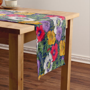 Chemin De Table Court Lilac Rouge Blanc Jaune Poppies & Feuilles verts
