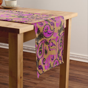 Chemin De Table Court Linocut Paisley Traditionnel Vivid Moutard Rose