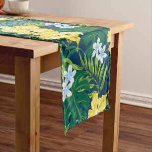 Chemin De Table Court Luna Hibiscus Garden Hawaiian - Jaune et Marine