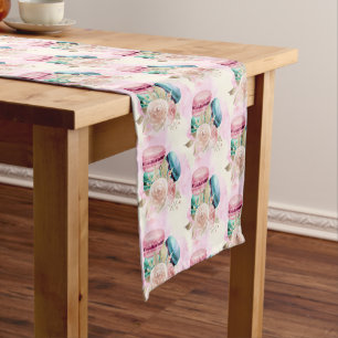 Chemin De Table Court Macarons et fleurs colorés Motif d'aquarelle