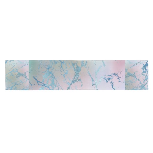 Chemin De Table Court Marbre Iridescente | Tendance Faux Holo bleu rose (Horizontal)