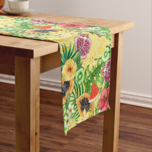 Chemin De Table Court Mix-fruit tropical, fleurs et feuilles sur jaune