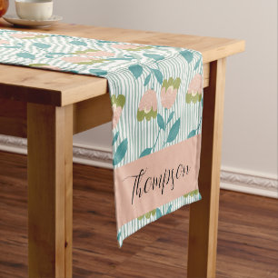 Chemin De Table Court Monogramme Joli rétro botanique avec rayures bleu