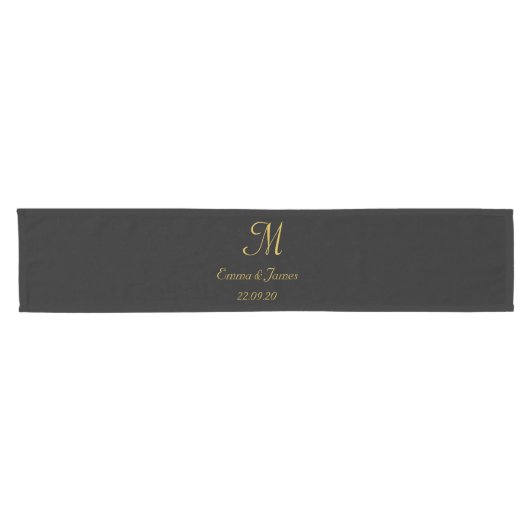 Chemin De Table Court Monogramme noir et or élégant sur mesure initiale (Horizontal)
