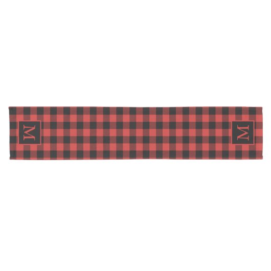 Chemin De Table Court Monogramme personnalisé Black Red Buffalo Plaid Mo (Horizontal)