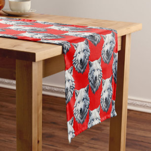 Chemin De Table Court Motif de tête de loup blanc - Rouge