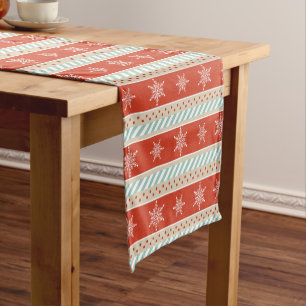 Chemin De Table Court Motif Festive Noël Rouge Striped Snowflakes