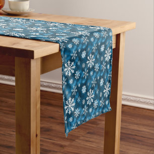 Chemin De Table Court Motif flocon de neige blanc hivernal sur bleu frai