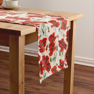 Chemin De Table Court Motif floral vintage rouge coquelicot Art botaniqu