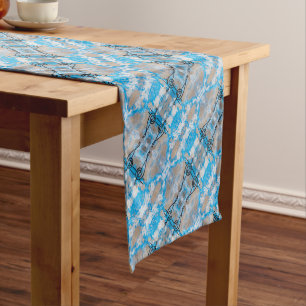 Chemin De Table Court Motif géométrique vintage bleu et gris diagonal