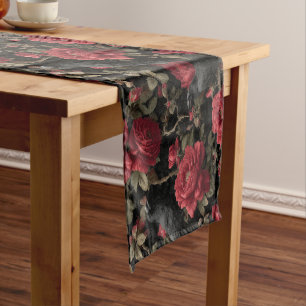 Chemin De Table Court Motif gothique avec roses rouges et corbeaux