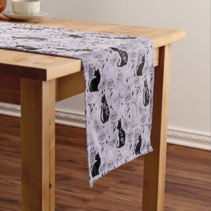 Chemin De Table Court Motif mystique de chat noir et papillon   Cuisine